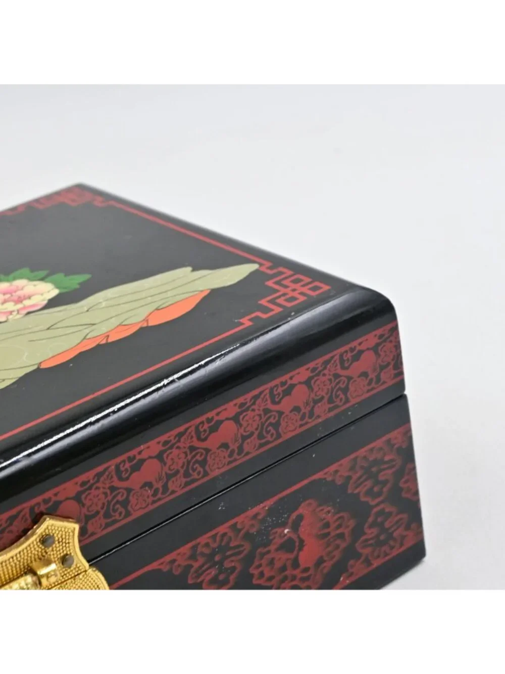 Chinese Black Lacquer Jewelry Box Vintage Hand Painted Reclining Lady Mirror